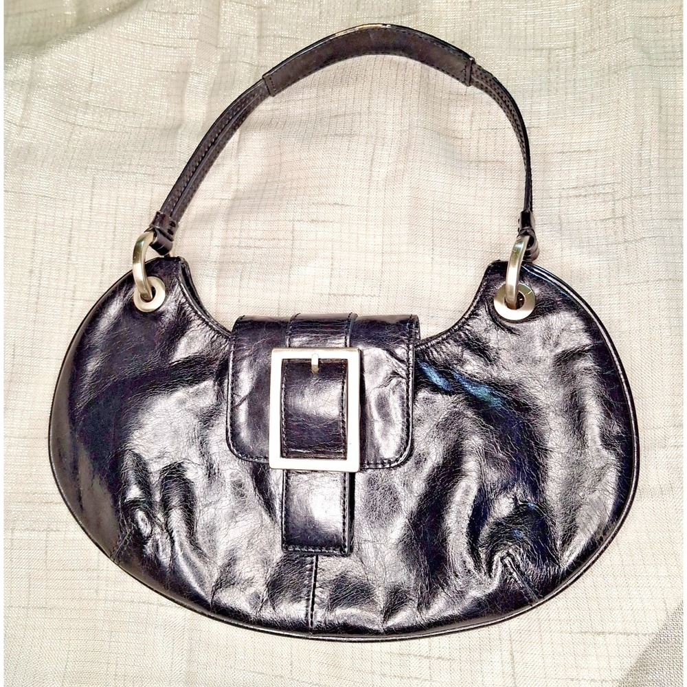 Kenneth Cole New‎ York Black Leather Med Small Hobo Buckle Accent Handbag Purse